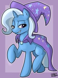 Size: 1536x2048 | Tagged: safe, artist:strangerdanger, character:trixie, species:pony, species:unicorn, g4, brooch, cape, clothing, eyebrows, female, hat, horn, jewelry, lidded eyes, mare, raised hoof, raised leg, signature, smiling, solo, trixie's brooch, trixie's cape, trixie's hat, wizard hat