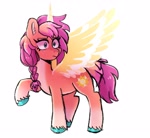 Size: 2313x2127 | Tagged: safe, artist:emera33, character:sunny starscout, species:alicorn, species:earth pony, species:pony, g5, alicornified, alternate design, braid, coat markings, colored hooves, female, hooves, magic horn, magic wings, mare, raised hoof, simple background, socks (coat marking), solo, spread wings, sunnycorn, three quarter view, unshorn fetlocks, white background, wings