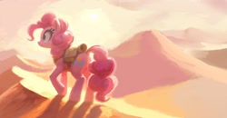 Size: 2760x1438 | Tagged: safe, artist:yidwags, character:pinkie pie, species:earth pony, species:pony, g4, backlighting, bag, butt, desert, female, full body, mare, plot, profile, saddle bag, scenery, scenery porn, smiling, solo, walking