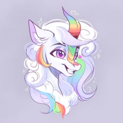 Size: 2000x2000 | Tagged: safe, artist:nettlemoth, oc, oc:cloudy canvas, species:kirin, bust, grin, happy, looking down, rainbow horn, simple background, smiling, solo