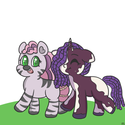 Size: 2160x2160 | Tagged: safe, artist:limitmj, character:skye, character:violette rainbow, species:pony, species:unicorn, species:zebra, g5, spoiler:g5comic, braces, colored hooves, colored pupils, cute, dreadlocks, duo, duo female, ear fluff, eyebrows, eyes closed, female, filly, floppy ears, foal, hooves, horn, looking at someone, mottled coat, open mouth, open smile, raised hoof, raised leg, smiling, tail, unshorn fetlocks, violettebetes, vitiligo, walking, young