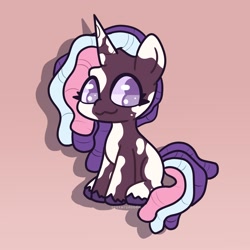 Size: 3000x3000 | Tagged: safe, artist:nawnii, character:violette rainbow, species:pony, species:unicorn, g5, my little pony: tell your tale, :3, colored hooves, cute, dreadlocks, female, filly, foal, hooves, horn, looking sideways, mottled coat, no pupils, signature, simple background, sitting, smiling, solo, tail, three quarter view, unshorn fetlocks, violettebetes, vitiligo, young