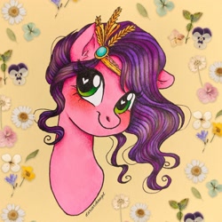 Size: 2560x2560 | Tagged: safe, artist:dariarchangel, character:pipp petals, species:pegasus, species:pony, g5, my little pony: a new generation, my little pony: make your mark, my little pony: tell your tale, adorapipp, aside glance, blushing, bust, circlet, cute, female, flower, green eyes, heart, heart eyes, high res, jewelry, looking at you, mare, patterned background, pipp wings, portrait, smiling, smiling at you, solo, three quarter view, tiara, wavy mane, wingding eyes