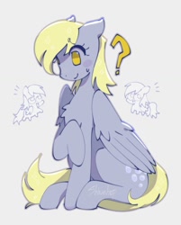 Size: 1071x1330 | Tagged: safe, artist:shinehop69, character:derpy hooves, species:pegasus, species:pony, g4, blush sticker, blushing, chest fluff, chibi, eye clipping through hair, eyebrows, eyebrows visible through hair, female, folded wings, gray background, gray coat, mare, nervous, nervous smile, question mark, raised hoof, signature, simple background, sitting, smiling, solo, sparkly mane, sparkly tail, tail, triality, wing fluff, wingding eyes, wings, yellow eyes, yellow mane, yellow tail