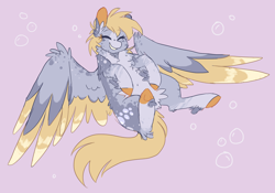 Size: 1928x1350 | Tagged: safe, artist:pretzelprince, character:derpy hooves, species:pegasus, species:pony, g4, alternate color palette, alternate design, back fluff, belly fluff, blaze (coat marking), blonde mane, blonde tail, body freckles, bubble, chest fluff, coat markings, colored ear fluff, colored ears, colored hooves, colored muzzle, colored pinnae, colored wings, colored wingtips, cutie mark, cutie mark background, dappled, ear fluff, eye clipping through hair, eyebrows, eyebrows visible through hair, eyes closed, facial markings, female, fetlock tuft, fluffy, flying, freckles, hooves, hooves in air, in air, leg fluff, leg freckles, mare, multicolored wings, pubic fluff, purple background, redesign, simple background, smiling, solo, spread wings, tail, underhoof, unshorn fetlocks, wing fluff, wing freckles, wings