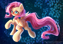 Size: 1414x1000 | Tagged: safe, artist:chaosangeldesu, character:fluttershy, species:pegasus, species:pony, g4, blushing, butt, butterfly, chest fluff, cute, dock, female, flutterbutt, looking away, mare, one wing out, plot, raised hoof, shyabetes, smiling, solo, stray strand, tail, wings