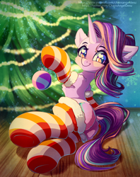 Size: 1000x1263 | Tagged: safe, artist:chaosangeldesu, character:starlight glimmer, species:pony, species:unicorn, g4, butt, christmas, christmas lights, christmas tree, clothing, cute, dock, eyebrows, female, glimmer glutes, glimmerbetes, heart, heart eyes, holiday, horn, lights, looking at you, mare, plot, smiling, smiling at you, socks, solo, striped socks, tail, tree, wingding eyes