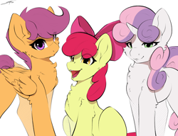 Size: 3250x2500 | Tagged: safe, artist:skitsroom, character:apple bloom, character:scootaloo, character:sweetie belle, species:earth pony, species:pegasus, species:pony, species:unicorn, g4, apple bloom's bow, apple family member, bow, chest fluff, cutie mark crusaders, eye clipping through hair, female, folded wings, hair bow, high res, horn, looking at you, mare, missing cutie mark, older, older apple bloom, older cmc, older scootaloo, older sweetie belle, open mouth, open smile, simple background, sitting, smiling, smiling at you, trio, trio female, white background, wings