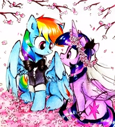 Size: 2681x2968 | Tagged: safe, artist:liaaqila, character:rainbow dash, character:twilight sparkle, character:twilight sparkle (alicorn), species:alicorn, species:pegasus, species:pony, ship:twidash, g4, cherry blossoms, clothing, duo, duo female, eye contact, female, floral head wreath, flower, flower blossom, folded wings, high res, horn, lesbian, looking at each other, looking at someone, mare, partially open wings, shipping, signature, sitting, smiling, smiling at each other, suit, traditional art, tuxedo, wedding, wings