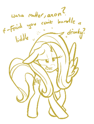 Size: 306x405 | Tagged: safe, artist:shoutingisfun, character:fluttershy, species:pegasus, species:pony, g4, dialogue, drunk, drunkershy, female, floppy ears, mare, monochrome, simple background, solo, stumbling, white background, wings
