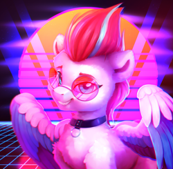 Size: 1949x1908 | Tagged: safe, artist:itssim, character:zipp storm, species:pegasus, species:pony, g5, accessory, adorazipp, bust, choker, chromatic aberration, colored wings, cute, cyberpunk, female, fluffy, glitch, grid, jewelry, mane, mare, multicolored hair, multicolored wings, necklace, neon, outrun, partially open wings, retrowave, smiling, smug, solo, solo female, sun, sunglasses, synthwave, vhs, wings