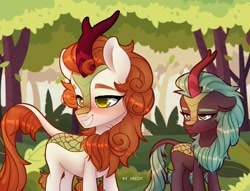 Size: 2496x1904 | Tagged: safe, artist:shelti, character:autumn blaze, character:cinder glow, character:summer flare, species:kirin, g4, blushing, cinder glow is not amused, duo, duo female, female, forest, frown, grin, high res, horn, nature, outdoors, signature, smiling, tail, tree, unamused