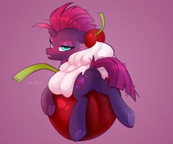 Size: 3000x2500 | Tagged: safe, artist:shelti, character:fizzlepop berrytwist, character:tempest shadow, species:pony, species:unicorn, g4, my little pony: the movie (2017), bedroom eyes, broken horn, butt, cherry, dock, featureless crotch, female, food, frog (hoof), gradient background, heart, heart eyes, high res, hooves, horn, lip bite, looking at you, looking back, looking back at you, mare, plot, ponies in food, signature, smiling, smiling at you, solo, tail, tempass, underhoof, wingding eyes