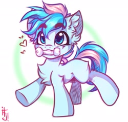 Size: 2277x2172 | Tagged: safe, artist:falafeljake, oc, oc only, oc:blue chewings, species:earth pony, species:pony, abstract background, chest fluff, chew toy, cute, ear fluff, earth pony oc, eyebrows, eyebrows visible through hair, floating heart, fluffy, heart, high res, holding, leg fluff, male, mouth hold, ocbetes, raised hoof, raised leg, signature, simple background, solo, stallion, standing on two hooves, white background