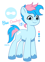 Size: 1266x1751 | Tagged: safe, artist:maren, oc, oc only, oc:blue chewings, species:earth pony, species:pony, g5, my little pony: tell your tale, colored eyebrows, colored hooves, earth pony oc, eyebrows, hooves, looking at you, male, reference sheet, show accurate, signature, simple background, smiling, solo, stallion, tell your tale accurate, three quarter view, transparent background, unshorn fetlocks