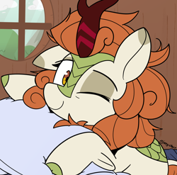 Size: 2168x2142 | Tagged: safe, artist:icey, character:autumn blaze, species:kirin, g4, awwtumn blaze, bed mane, cloven hooves, colored hooves, cute, dawwww, female, hooves, kirinbetes, looking at you, one eye closed, pillow, signature, sleepy, smiling, smiling at you, weapons-grade cute