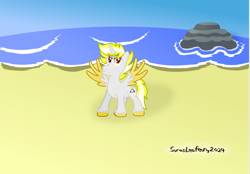Size: 1602x1112 | Tagged: safe, artist:sorasleafeon, oc, oc only, oc:miguel silva, species:alicorn, species:pony, alicorn oc, beach, blue sky, horn, looking at you, male, outdoors, rock, signature, smiling, smiling at you, smirk, solo, solo male, spread wings, stallion, standing, sunshine, water, wings