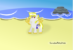 Size: 1602x1112 | Tagged: safe, artist:sorasleafeon, oc, oc only, oc:miguel silva, species:alicorn, species:pony, alicorn oc, beach, blue sky, blue swimsuit, clothing, horn, looking at you, male, outdoors, rock, signature, smiling, smiling at you, smirk, solo, solo male, speedo, spread wings, stallion, standing, sunshine, swimsuit, water, wings