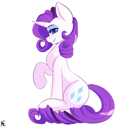 Size: 1600x1600 | Tagged: safe, artist:spittfireart, part of a set, character:rarity, species:pony, species:unicorn, g4, colored pupils, cute, eyebrows, eyeshadow, female, horn, lidded eyes, looking at you, makeup, mare, profile, raised hoof, raribetes, signature, simple background, sitting, smiling, smiling at you, solo, white background