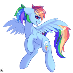 Size: 1600x1600 | Tagged: safe, artist:spittfireart, part of a set, character:rainbow dash, species:pegasus, species:pony, g4, alternate hairstyle, colored pupils, cute, dashabetes, female, floppy ears, grin, lidded eyes, looking at you, mare, ponytail, profile, rearing, signature, simple background, smiling, smiling at you, solo, spread wings, white background, wings