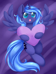 Size: 2250x3000 | Tagged: safe, artist:lustrous-dreams, artist:spittfireart, character:princess luna, species:alicorn, species:pony, g4, :o, cute, female, filly, filly luna, heart, heart pillow, high res, horn, hug, lunabetes, lying down, on back, open mouth, pillow, pillow hug, solo, spread wings, wings, woona, younger