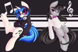 Size: 2000x1333 | Tagged: safe, artist:spittfireart, character:dj pon-3, character:octavia melody, character:vinyl scratch, species:earth pony, species:pony, species:unicorn, g4, blushing, bow, bow tie, clothing, cute, duo, duo female, female, headphones, hoodie, horn, looking at you, mare, music notes, shirt, smiling, smiling at you, tavibetes, underhoof, vinyl's glasses, vinylbetes