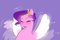 Size: 2048x1348 | Tagged: safe, artist:aztrial, character:pipp petals, species:pegasus, species:pony, g5, my little pony: make your mark, my little pony: tell your tale, adorapipp, blushing, circlet, colored eyebrows, cute, descriptive noise, dialogue, eeee, eyebrows, eyes closed, female, flapping wings, mare, onomatopoeia, pipp wings, purple background, simple background, smiling, solo, speech bubble, text, wings