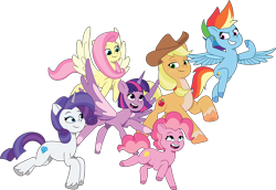 Size: 3960x2724 | Tagged: safe, artist:prixy05, character:applejack, character:fluttershy, character:pinkie pie, character:rainbow dash, character:rarity, character:twilight sparkle, character:twilight sparkle (alicorn), species:alicorn, species:earth pony, species:pegasus, species:pony, species:unicorn, g4, g4.5, g5, my little pony: tell your tale, my little pony:pony life, apple family member, coat markings, colored hooves, digital art, female, flying, g4.5 to g5, generation leap, hooves, horn, mane six, mare, simple background, socks (coat marking), spread wings, transparent background, unshorn fetlocks, vector, wings