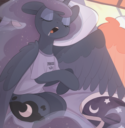 Size: 3377x3451 | Tagged: safe, artist:nookprint, character:princess luna, species:alicorn, species:pony, g4, bed, clothing, colored wings, cute, drool, eyes closed, female, horn, luna's shirt, lunabetes, majestic as fuck, mare, multicolored wings, open mouth, shirt, sleeping, solo, t-shirt, two toned wings, wings