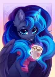 Size: 2936x4096 | Tagged: safe, artist:rozmed, character:princess luna, species:alicorn, species:pony, g4, chest fluff, clothing, cute, drink, ear fluff, eyebrows, female, food, glowing horn, gradient background, heart, high res, horn, hot chocolate, levitation, looking at you, lunabetes, magic, magic aura, mare, marshmallow, mug, scarf, smiling, smiling at you, solo, striped scarf, telekinesis, wings