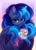 Size: 2936x4096 | Tagged: safe, artist:rozmed, character:princess luna, species:alicorn, species:pony, g4, chest fluff, clothing, cute, drink, ear fluff, eyebrows, female, food, glowing horn, gradient background, heart, high res, horn, hot chocolate, levitation, looking at you, lunabetes, magic, magic aura, mare, marshmallow, mug, scarf, smiling, smiling at you, solo, striped scarf, telekinesis, wings