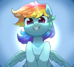 Size: 1200x1091 | Tagged: safe, artist:yukkuri_yu_yu, character:rainbow dash, species:pegasus, species:pony, g4, cute, dashabetes, eye clipping through hair, female, grin, looking at you, looking down, looking down at you, mare, smiling, smiling at you, solo, spread wings, wings