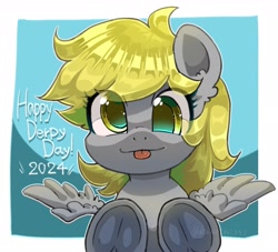 Size: 3031x2755 | Tagged: safe, artist:yukkuri_yu_yu, character:derpy hooves, species:pegasus, species:pony, g4, blep, cute, derpabetes, derpy day, eye clipping through hair, female, frog (hoof), hooves, looking at you, mare, smiling, smiling at you, solo, spread wings, text, tongue out, underhoof, wings