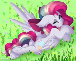Size: 2560x2048 | Tagged: safe, artist:natanvok, oc, oc only, oc:sky sorbet, species:pegasus, species:pony, butt, dock, ear fluff, eyebrows, eyebrows visible through hair, featureless crotch, female, floppy ears, frog (hoof), grass, high res, hooves, looking at you, lying down, mare, one eye closed, one wing out, outdoors, pegasus oc, plot, prone, smiling, smiling at you, solo, sploot, tail, underhoof, wings, wink, winking at you
