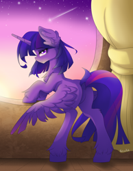 Size: 3500x4500 | Tagged: safe, artist:natanvok, character:twilight sparkle, character:twilight sparkle (alicorn), species:alicorn, species:pony, g4, bedroom eyes, butt, dock, ear fluff, eyebrows, eyebrows visible through hair, featureless crotch, female, high res, horn, indoors, looking at you, mare, night, night sky, plot, profile, shooting star, sky, solo, spread wings, stars, tail, twibutt, wings, wings down