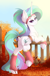 Size: 4000x6000 | Tagged: safe, artist:natanvok, character:princess celestia, species:alicorn, species:pony, g4, absurd resolution, bondage, bound wings, butt, chest fluff, clothing, dock, ear fluff, eyebrows, featureless crotch, female, fence, folded wings, headband, horn, leg fluff, leg warmers, lidded eyes, looking at you, looking back, looking back at you, mare, outdoors, plot, raised leg, smiling, smiling at you, solo, sweatband, tail, underhoof, wings