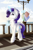 Size: 4000x6000 | Tagged: safe, artist:natanvok, character:rarity, species:pony, species:unicorn, g4, absurd resolution, bag, boardwalk, chest fluff, drink, drinking, drinking straw, ear fluff, eyebrows, female, glowing horn, hoof fluff, hooves, horn, levitation, magic, magic aura, mare, outdoors, shopping bags, sky, solo, tail, telekinesis, water