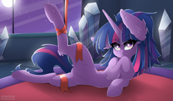 Size: 6000x3500 | Tagged: safe, artist:natanvok, character:twilight sparkle, character:twilight sparkle (unicorn), species:pony, species:unicorn, g4, absurd resolution, alternate hairstyle, belly, belly fluff, ear fluff, eye clipping through hair, eyebrows, eyebrows visible through hair, featureless crotch, female, full moon, hoof fluff, hooves, horn, indoors, leg fluff, looking at you, lying down, mare, moon, night, night sky, on side, raised hoof, raised leg, ribbon, sky, solo, tail, window