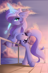 Size: 4000x6000 | Tagged: safe, artist:natanvok, character:princess luna, species:alicorn, species:pony, g4, absurd resolution, boardwalk, butt, chest fluff, dock, ear fluff, eyebrows, female, folded wings, food, glowing horn, hoof fluff, hooves, horn, levitation, licking, looking at you, magic, magic aura, mare, moonbutt, outdoors, plot, popsicle, profile, solo, tail, telekinesis, tongue out, underhoof, water, wings