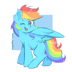 Size: 681x680 | Tagged: safe, artist:everydaydashie, artist:skylinepony_, character:rainbow dash, species:pegasus, species:pony, g4, blushing, collaboration, female, looking at you, mare, missing cutie mark, one eye closed, open mouth, open smile, partially open wings, simple background, smiling, smiling at you, solo, white background, wings, wink, winking at you