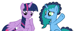 Size: 1260x530 | Tagged: safe, artist:angellight-bases, artist:twilyisbestpone, base used, derpibooru original, character:misty brightdawn, character:twilight sparkle, character:twilight sparkle (alicorn), species:alicorn, species:pony, species:unicorn, g4, g5, cute, duo, duo female, female, frown, g5 to g4, generation leap, hooves up, horn, mare, mistybetes, raised hoof, simple background, smiling, spread wings, three quarter view, transparent background, twiabetes, underhoof, wings