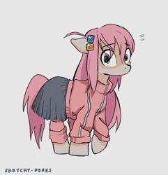 Size: 668x692 | Tagged: safe, artist:sketchy-pones, species:earth pony, species:pony, g4, ahoge, anime, beige coat, bocchi the rock!, clothing, countershading, emanata, eye clipping through hair, eyebrows, eyebrows visible through hair, female, floating eyebrows, gray background, hair accessory, hairclip, hitori gotoh, long mane, long tail, mare, nervous, no mouth, pink mane, pink tail, ponified, raised hoof, signature, simple background, skirt, solo, species swap, sweat, sweatdrop, tail, track jacket, unusual pupils