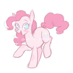 Size: 624x624 | Tagged: safe, artist:sketchy-pones, character:pinkie pie, species:earth pony, species:pony, g4, big eyes, blue eyes, blushing, colored, colored sketch, curly mane, curly tail, cute, diapinkes, ear blush, eyebrows, eyebrows visible through hair, eyelashes, female, floating eyebrows, long mane, long tail, mare, no pupils, obtrusive watermark, open mouth, open smile, pink coat, pink mane, pink tail, prancing, raised hoof, raised leg, signature, simple background, sketch, smiling, solo, tail, watermark, white background, wingding eyes