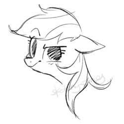 Size: 2048x2048 | Tagged: safe, artist:sketchy-pones, character:rainbow dash, species:pegasus, species:pony, g4, big eyes, blushing, bust, eye clipping through hair, eyebrows, eyebrows visible through hair, eyelashes, female, floating eyebrows, floppy ears, long mane, mare, monochrome, obtrusive watermark, portrait, raised eyebrow, signature, simple background, sketch, smiling, solo, watermark, white background