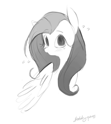Size: 2048x2286 | Tagged: safe, artist:sketchy-pones, character:fluttershy, species:pegasus, species:pony, g4, blushing, bust, embarrassed, eyebrows, eyebrows visible through hair, eyelashes, female, floating eyebrows, flustered, folded wings, grayscale, high res, long mane, looking at you, mare, monochrome, no catchlights, signature, simple background, sketch, solo, sweat, sweatdrop, white background, wings