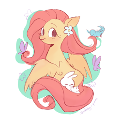 Size: 2048x2048 | Tagged: safe, artist:sketchy-pones, character:angel bunny, character:fluttershy, species:bird, species:pegasus, species:pony, g4, blushing, butterfly, colored, colored sketch, cute, duo, duo male and female, ear blush, emanata, eyebrows, eyelashes, female, flower, flower on ear, long mane, long tail, looking back, male, mare, no catchlights, open mouth, open smile, outline, pink mane, pink tail, raised eyebrow, shyabetes, signature, simple background, sketch, smiling, solo focus, spread wings, tail, that pony sure does love animals, white background, wing fluff, wings, yellow coat