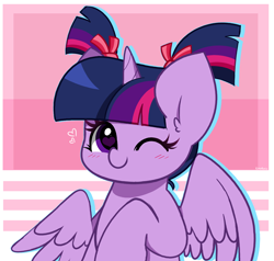 Size: 3964x3766 | Tagged: safe, artist:kittyrosie, character:twilight sparkle, character:twilight sparkle (alicorn), species:alicorn, species:pony, g4, alternate hairstyle, blushing, cute, female, heart, heart eyes, high res, horn, looking at you, mare, one eye closed, pigtails, signature, smiling, smiling at you, solo, twiabetes, twintails, wingding eyes, wings, wink, winking at you