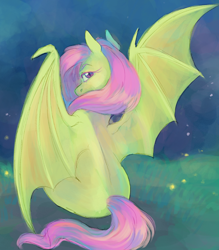 Size: 1400x1600 | Tagged: safe, artist:abbytabbys, character:flutterbat, character:fluttershy, species:bat pony, species:pony, g4, bat ponified, bat wings, eyebrows, female, grass, lidded eyes, looking at you, looking back, looking back at you, mare, night, race swap, sitting, slit pupils, solo, spread wings, tail, wings