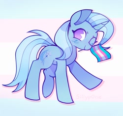 Size: 1507x1422 | Tagged: safe, artist:sillyp0ne, character:trixie, species:pony, species:unicorn, g4, female, holding, horn, looking at you, mare, mouth hold, no pupils, one eye closed, pride, pride background, pride flag, signature, smiling, smiling at you, solo, tail, trans trixie, transgender, transgender pride flag, wink, winking at you