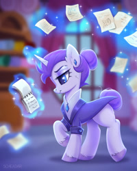 Size: 1024x1280 | Tagged: safe, artist:scheadar, character:rarity, species:pony, species:unicorn, episode:the cutie re-mark, g4, my little pony: friendship is magic, alternate hairstyle, alternate timeline, blurred background, carousel boutique, clothing, eyebrows, eyeshadow, female, glowing horn, horn, indoors, levitation, magic, magic aura, makeup, mare, night maid rarity, nightmare takeover timeline, notepad, paper, raised hoof, short tail, signature, solo, sparkles, tail, telekinesis, unshorn fetlocks